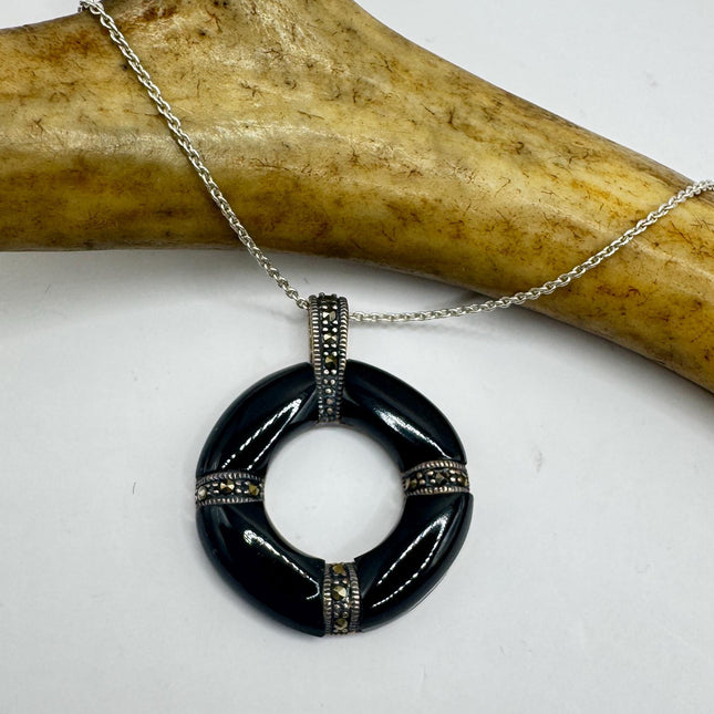 Black Onyx Choker - Vintage Marcasite Pendant 925 Sterling Silver Necklace-Necklaces-TomWayne Jewelers