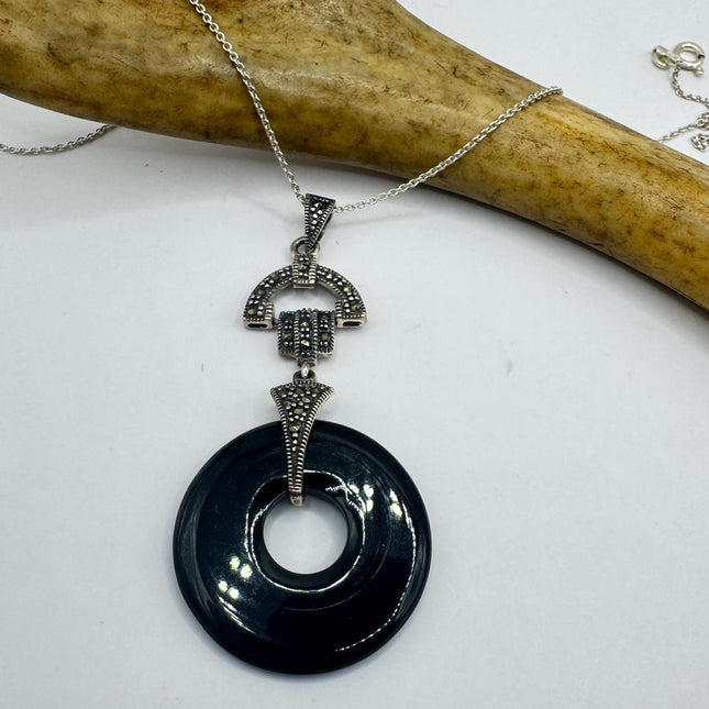 Black Onyx Pendant Vintage Marcasite Necklace – 925 Sterling Silver Choker-Necklaces-TomWayne Jewelers