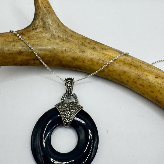 Black Onyx Choker – Vintage Marcasite Pendant 925 Sterling Silver Necklace-Necklaces-TomWayne Jewelers