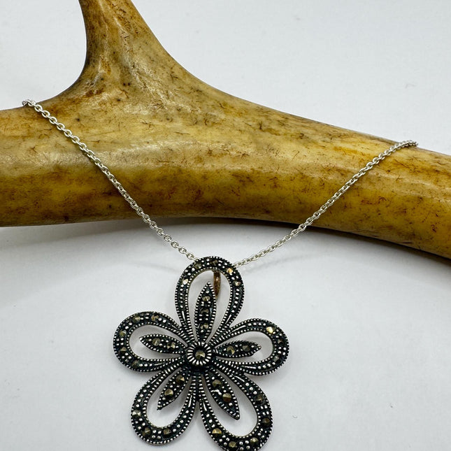 Marcasite Choker Necklace - Vintage Flower Pendant 925 Sterling Silver Jewelry-Necklaces-TomWayne Jewelers