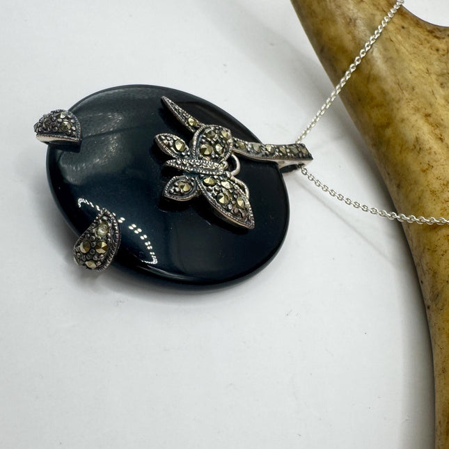 Black Onyx Pendant Necklace – Vintage Marcasite Butterfly Choker 925 Sterling Silver-Necklaces-TomWayne Jewelers