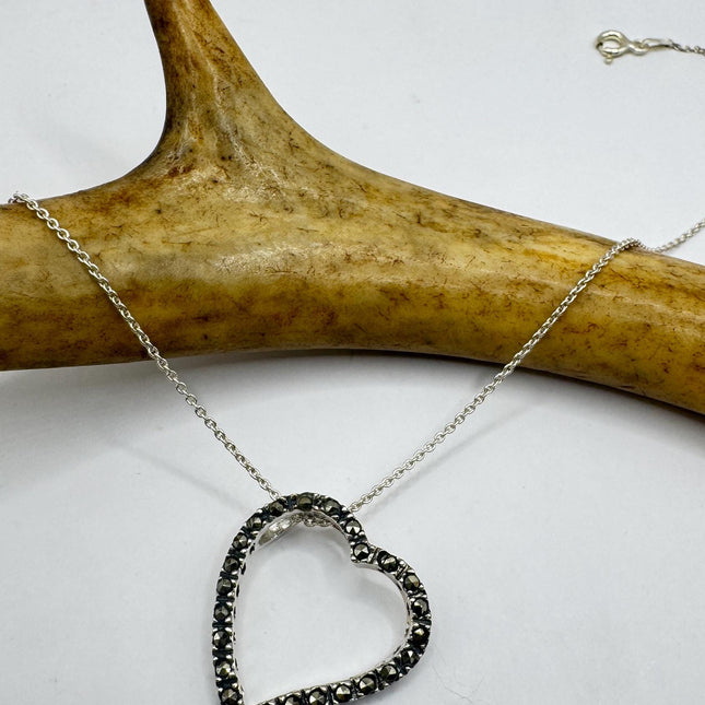 Vintage Marcasite Heart Pendant Necklace: Sterling Silver Dainty Chain