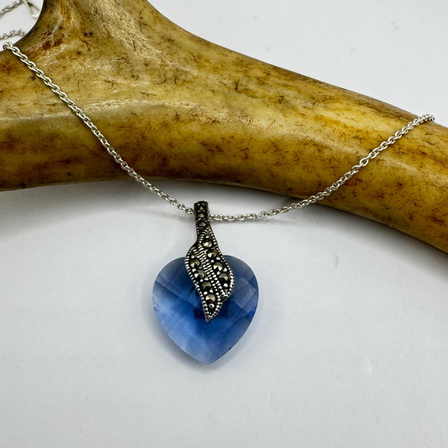 Marcasite Heart Necklace - Vintage Blue Crystal Pendant on Sterling Silver Chain-Necklaces-TomWayne Jewelers