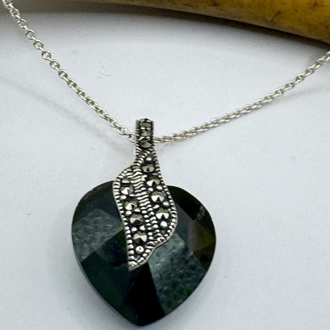 Marcasite Heart Necklace - Vintage Green Crystal Pendant on Sterling Silver Chain-Necklaces-TomWayne Jewelers