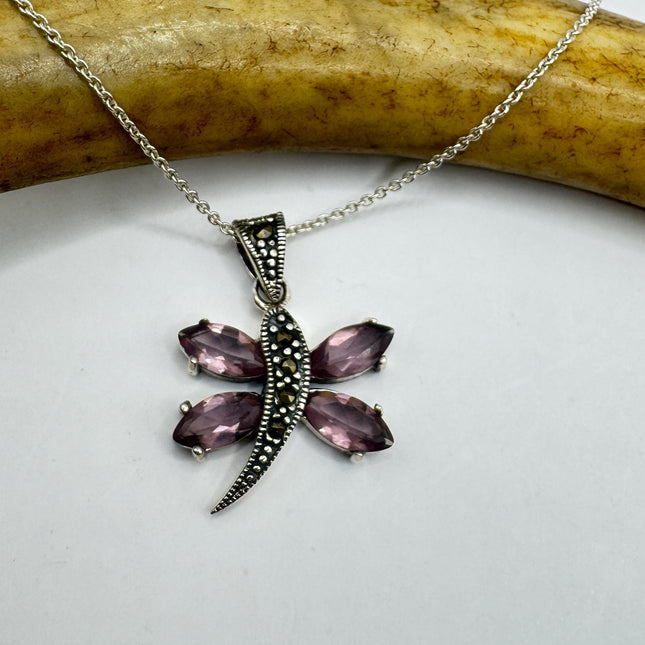 Vintage Purple Amethyst Marcasite Flower 925 Sterling Silver Necklace-Necklaces-TomWayne Jewelers