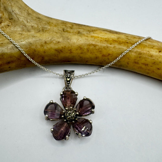 Amethyst Silver Necklace – Vintage Purple Marcasite Flower Pendant on 925 Chain-Necklaces-TomWayne Jewelers