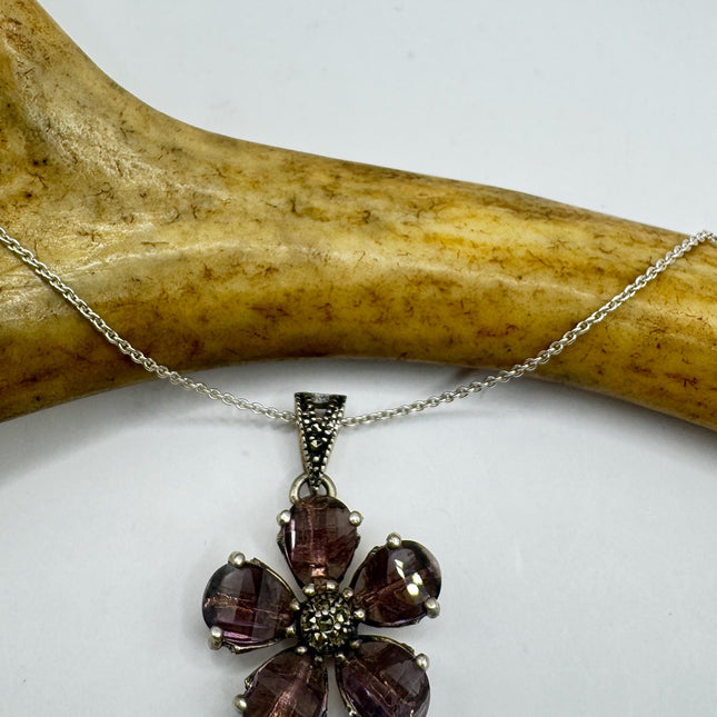 Vintage Purple Amethyst Marcasite Flower 925 Sterling Silver Necklace