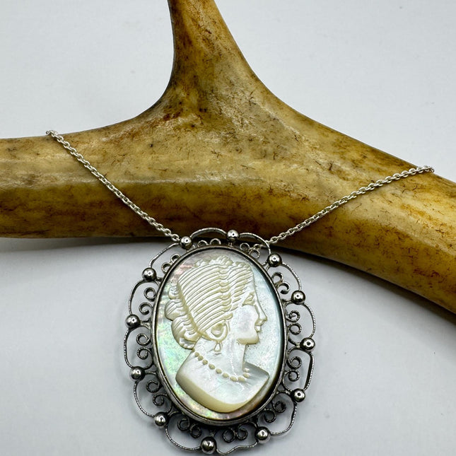 Vintage Abalone Cameo Necklace Pin Brooch 925 Sterling Silver-Necklaces-TomWayne Jewelers