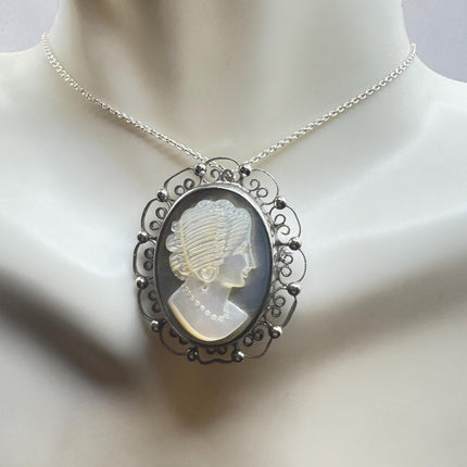Vintage Abalone Cameo Necklace Pin Brooch 925 Sterling Silver-Necklaces-TomWayne Jewelers