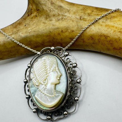 Vintage Abalone Cameo Necklace Pin Brooch 925 Sterling Silver-Necklaces-TomWayne Jewelers
