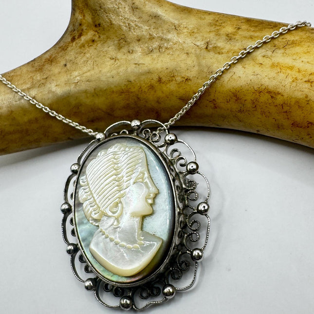 Vintage Abalone Cameo Necklace Pin Brooch 925 Sterling Silver-Necklaces-TomWayne Jewelers