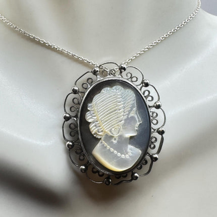 Vintage Abalone Cameo Necklace Pin Brooch 925 Sterling Silver-Necklaces-TomWayne Jewelers