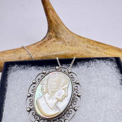 Vintage Abalone Cameo Necklace Pin Brooch 925 Sterling Silver-Necklaces-TomWayne Jewelers