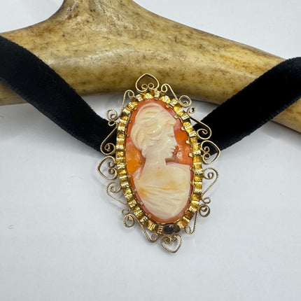Vintage Carved Shell Cameo Brooch Pin: Gold Filled, Black Velvet Choker