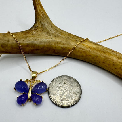Lavender Jade Necklace – Vintage Butterfly Pendant With Etched Design & Gold Chain-Necklaces-TomWayne Jewelers