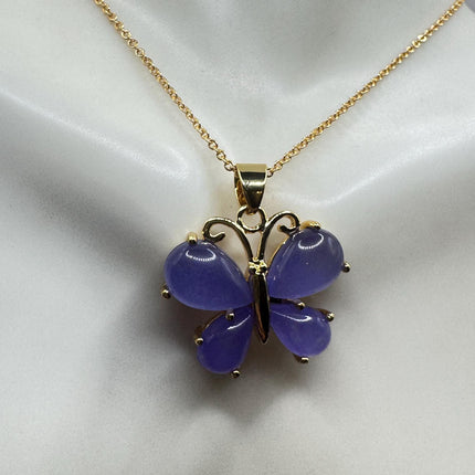 Lavender Jade Necklace – Vintage Butterfly Pendant With Etched Design & Gold Chain-Necklaces-TomWayne Jewelers