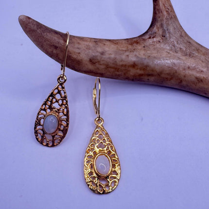 Vintage White Fire Opal lever back Earrings Gold 925 Sterling Silver-Earrings-TomWayne Jewelers