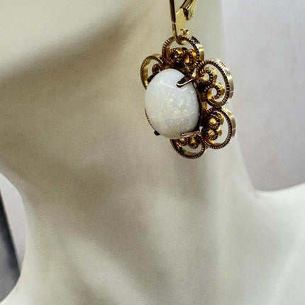 Vintage White Fire Opal lever back Earrings Gold 925 Sterling Silver-Earrings-TomWayne Jewelers