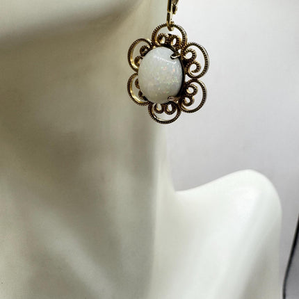 Vintage White Fire Opal lever back Earrings Gold 925 Sterling Silver-Earrings-TomWayne Jewelers