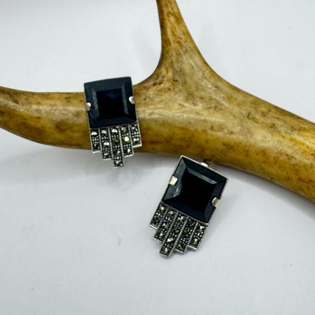 Vintage Marcasite Black Onyx Stud Earrings: Sterling Silver Deco