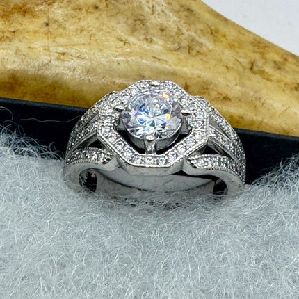 Vintage Deco Cubic Zirconia Engagement Ring 925 Sterling Silver