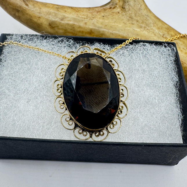 Vintage Deco Smoky Topaz Brooch: Gold Filled Velvet Choker