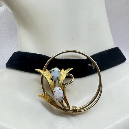 Vintage White Opal Brooch: Gold Filled Velvet Choker-Pins and Brooches-TomWayne Jewelers