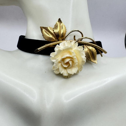 Vintage Ivory Flower Rose Brooch Pin Gold Filled