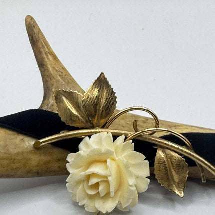 Vintage Ivory Flower Rose Brooch Pin Gold Filled