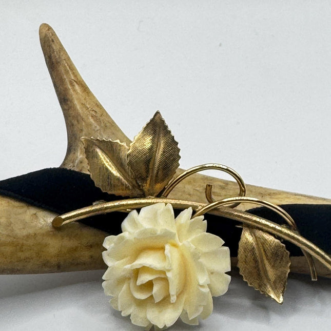 Vintage Ivory Flower Rose Brooch Pin Gold Filled-Pins and Brooches-TomWayne Jewelers