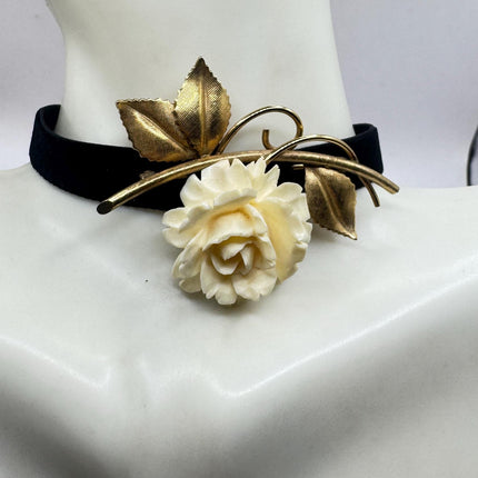 Vintage Ivory Flower Rose Brooch Pin Gold Filled