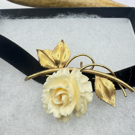 Vintage Ivory Flower Rose Brooch Pin Gold Filled
