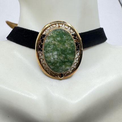Vintage Green Jade Brooch Pin on Gold Filled Black Velvet Choker - Minimal Everyday Accessory
