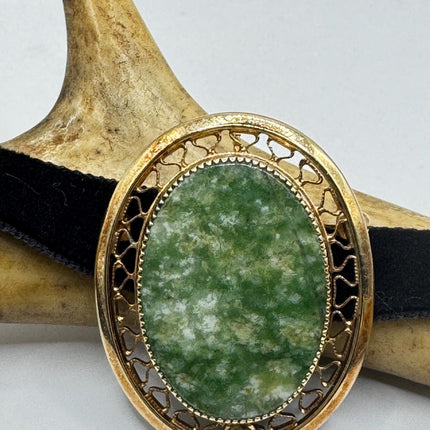 Vintage Green Jade Brooch Pin on Gold Filled Black Velvet Choker - Minimal Everyday Accessory