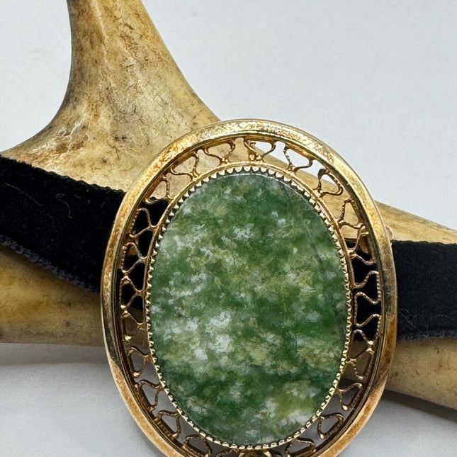 Vintage Green Jade Brooch Pin on Gold Filled Black Velvet Choker - Minimal Everyday Accessory-Pins and Brooches-TomWayne Jewelers