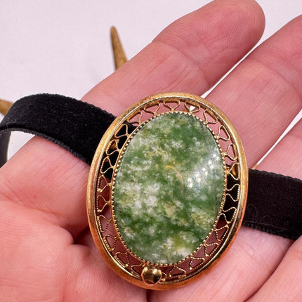 Vintage Green Jade Brooch Pin on Gold Filled Black Velvet Choker - Minimal Everyday Accessory