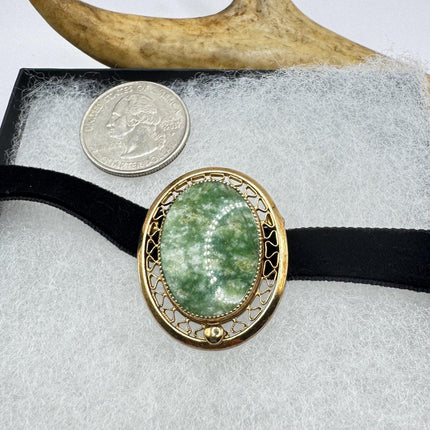 Vintage Green Jade Brooch Pin on Gold Filled Black Velvet Choker - Minimal Everyday Accessory