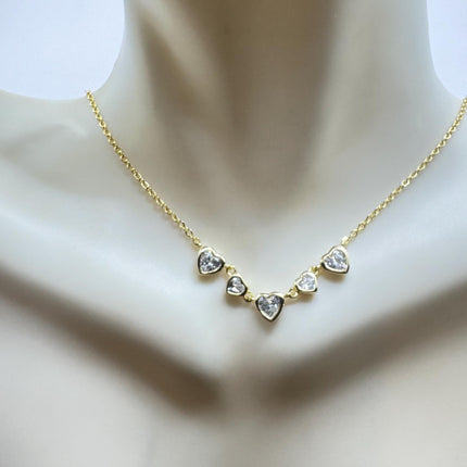 Vintage Clear Heart Cubic Zirconia Deco Choker golden 925 Sterling Silver Necklace