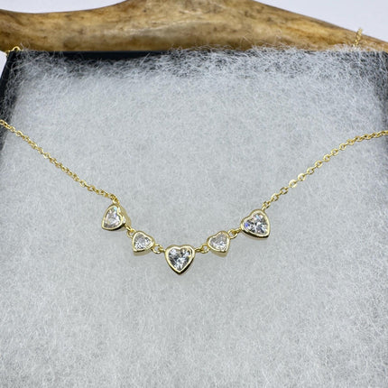 Vintage Clear Heart Cubic Zirconia Deco Choker golden 925 Sterling Silver Necklace