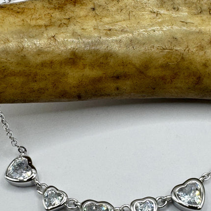 Vintage Clear Heart Cubic Zirconia Deco Choker 925 Sterling Silver Necklace