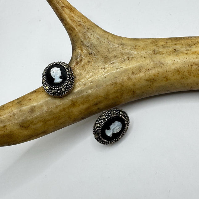 Vintage Black Onyx Cameo Earrings Marcasite 925 sterling silver-Earrings-TomWayne Jewelers