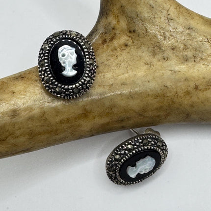 Vintage Black Onyx Cameo Earrings Marcasite 925 sterling silver