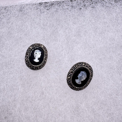 Vintage Black Onyx Cameo Earrings Marcasite 925 sterling silver