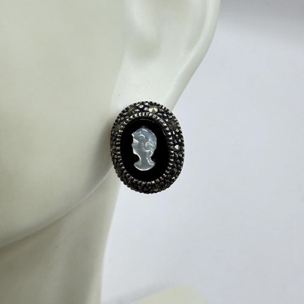 Vintage Black Onyx Cameo Earrings Marcasite 925 sterling silver