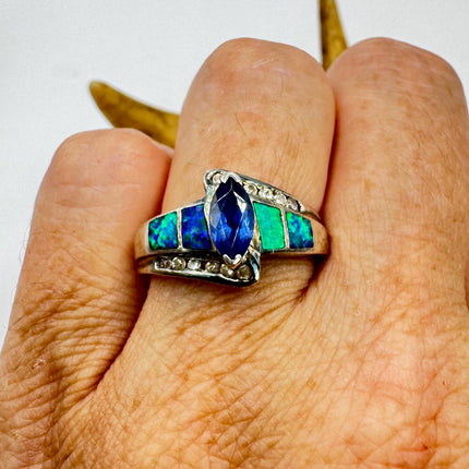 Vintage Iolite Blue Fire Opal Ring 925 Sterling Silver