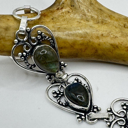 Vintage Rainbow Green Labradorite Silver Bracelet Silver Bronze