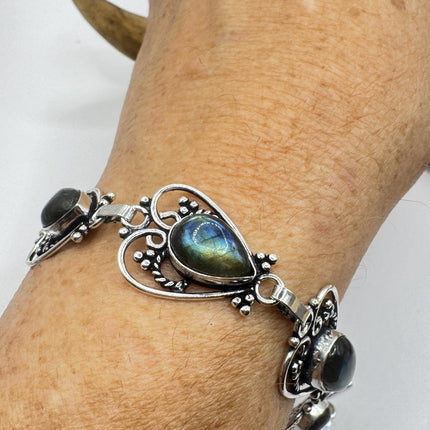Vintage Rainbow Green Labradorite Silver Bracelet Silver Bronze