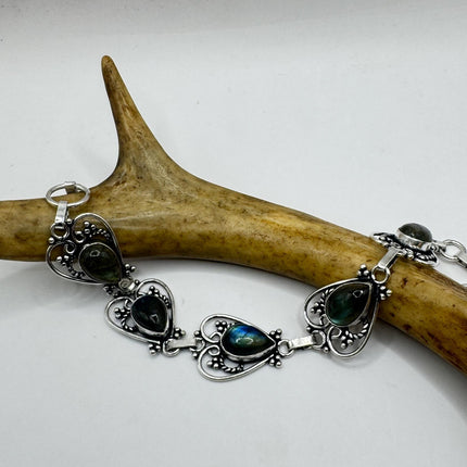 Vintage Rainbow Green Labradorite Silver Bracelet Silver Bronze