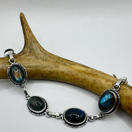 Vintage Rainbow Green Labradorite Silver Bracelet Silver Bronze