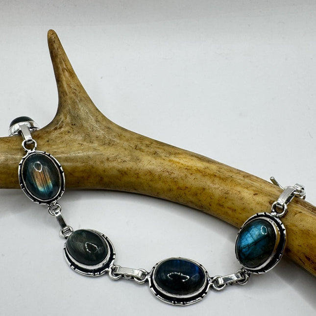 Vintage Rainbow Green Labradorite Silver Bracelet Silver Bronze